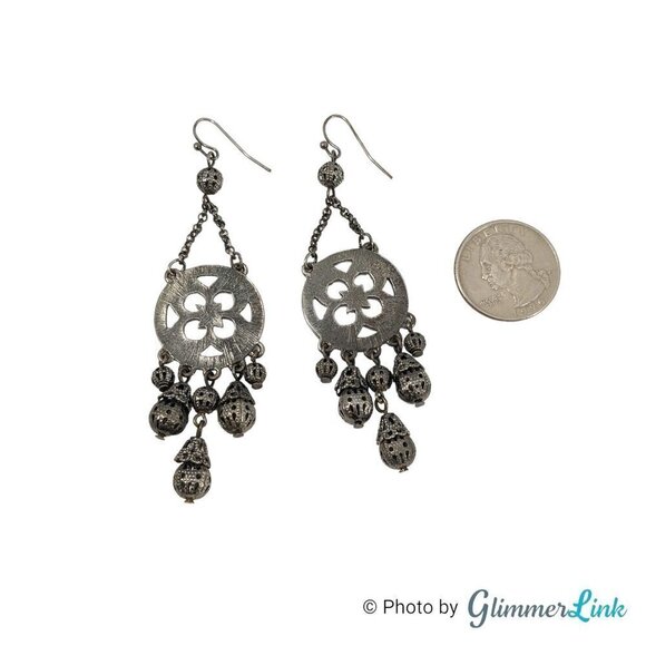 Silver Tone Chandelier Filigree Beaded Floral Dangle Earrings - Picture 5 of 8